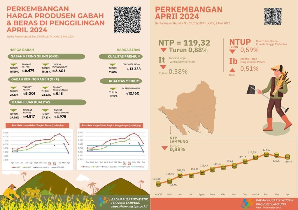 NTP Provinsi Lampung April 2024 sebesar 119,32 atau turun 0,88 persen. Harga GKP di Tingkat Petani turun 24,17 persen dan Harga Beras Premium di Penggilingan turun 9,60 persen.